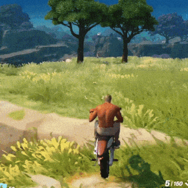 a man is riding a motorcycle on a dirt road in a video game with the number 5/150 on the bottom