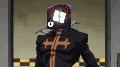 a cartoon character with an angry face and a cross on his chest is standing in a doorway
