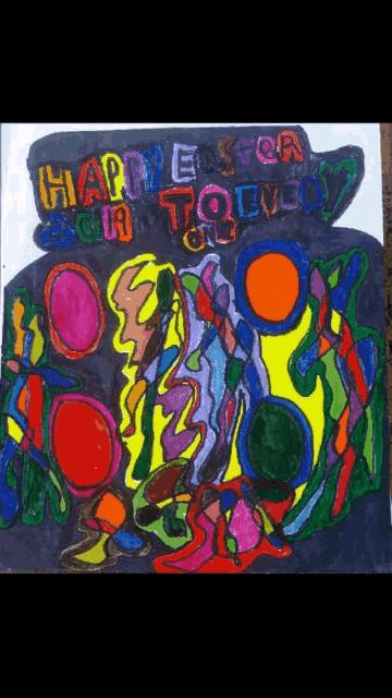 a colorful painting with the words happiest on a towel