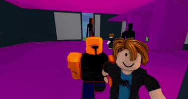 a purple and orange room with a few cartoon characters in it