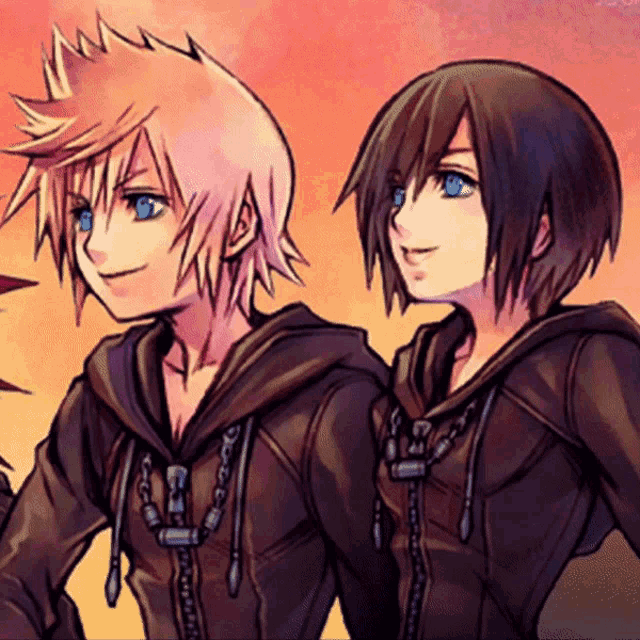 a couple of anime characters standing next to each other with a sunset in the background
