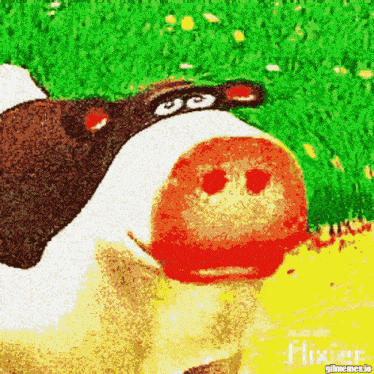 a pixelated image of a cow with a red nose and a green background