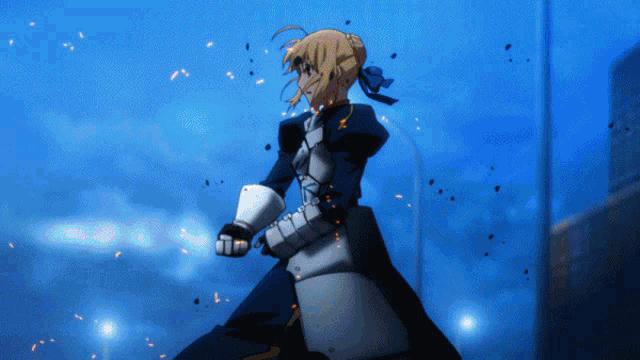 a cartoon character with a sword in her hand is standing in front of a blue sky