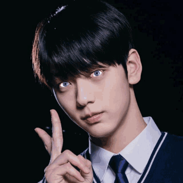 a close up of a person 's face with their finger pointing up