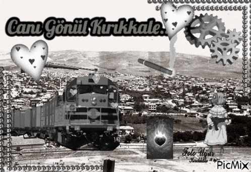 a black and white photo of a train with the words cani gonil kurkkale
