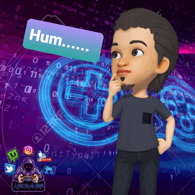a cartoon character stands in front of a purple background with a sticker that says hum