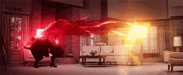 a living room with a couch , chairs , and a table with a red light coming out of the ceiling .