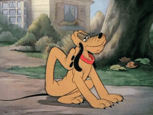 a cartoon character named pluto is scratching his head in front of a house