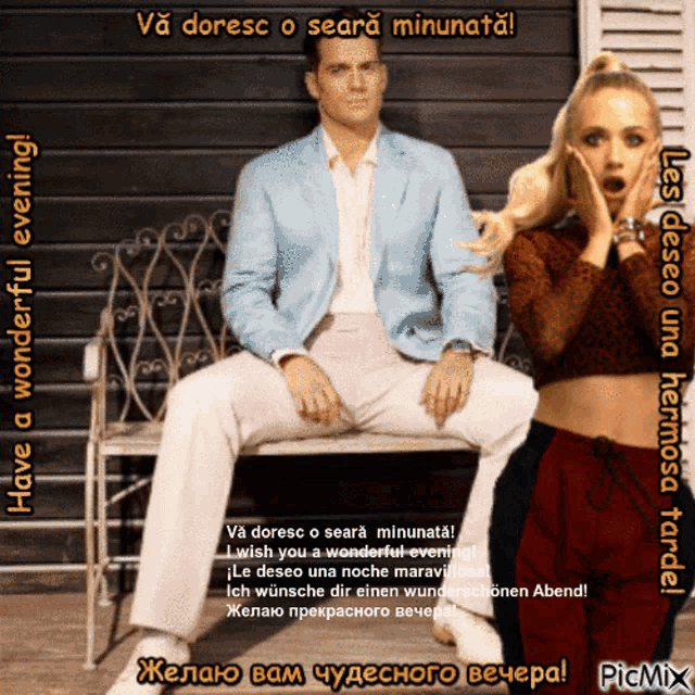 a man in a suit sits on a bench next to a woman