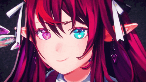 a close up of a red haired anime character with blue eyes