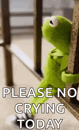 kermit the frog is sitting on a railing with the words `` please no crying today '' written on it .
