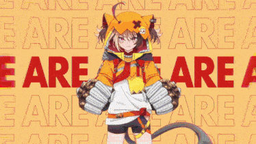a girl in a cat costume is standing in front of a yellow background that says " are "