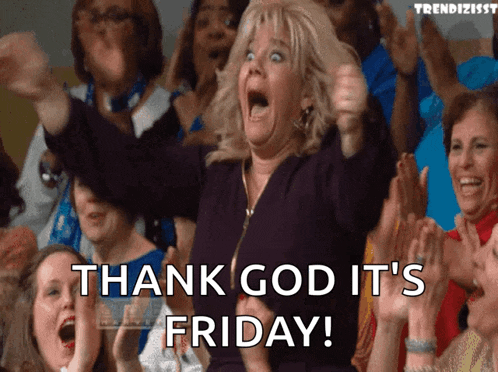 a woman is giving a thumbs up with the words thank god it 's friday on the bottom
