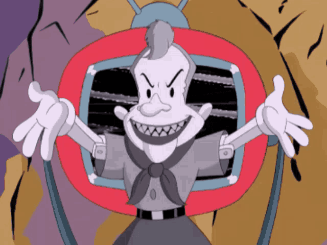 a cartoon character is standing in front of a television with his arms outstretched