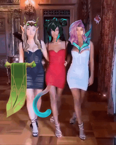 a painting of three women standing next to each other with one of them wearing a dragon costume