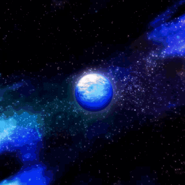a girl with pink hair looks at a blue planet in the sky