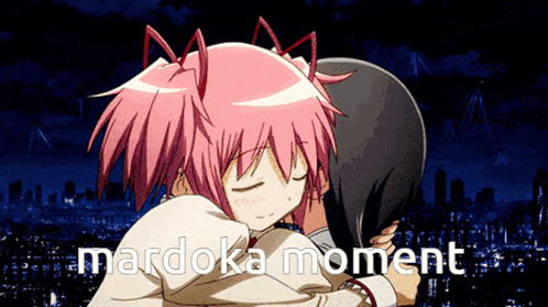 a couple of anime characters hugging with the words mardoka moment written in the corner