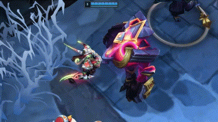 a person is playing a video game with a purple robot .