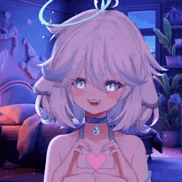 a girl with a choker and a heart on her chest