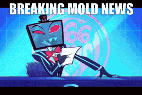 a cartoon character holding a piece of paper with the words " breaking mold news " on the bottom