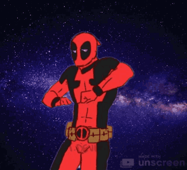 a cartoon of deadpool dancing in front of a starry sky