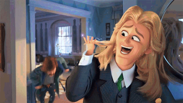 a cartoon character in a suit and tie is laughing with his mouth open