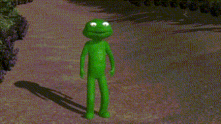 a green cartoon character is standing on a dirt path .