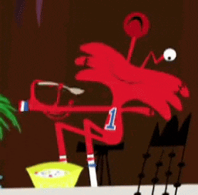 a red cartoon character with the number 1 on his stomach