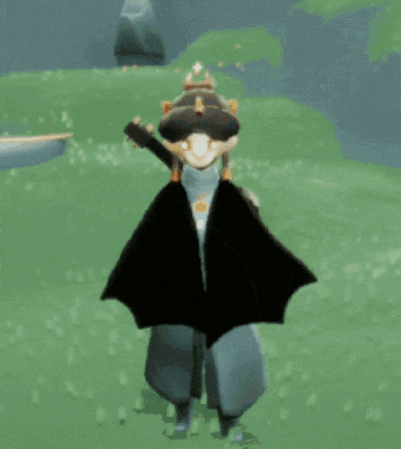 a cartoon character is standing in a field with wings
