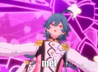 a girl with blue hair is standing on a stage with her arms outstretched and says `` mel '' .