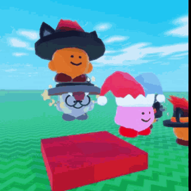 three cartoon characters wearing santa hats are standing on a red block
