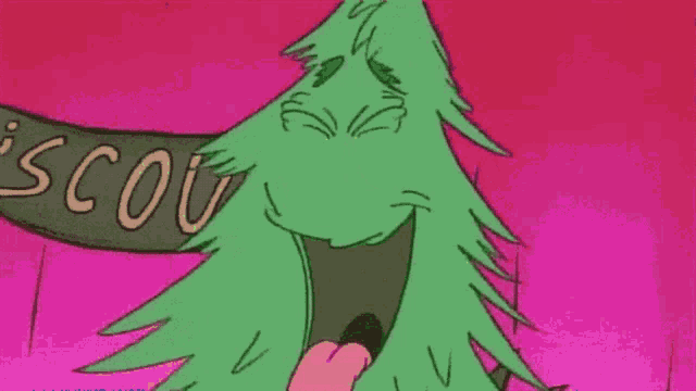 a cartoon drawing of a green tree with big eyes and a banner that says discou