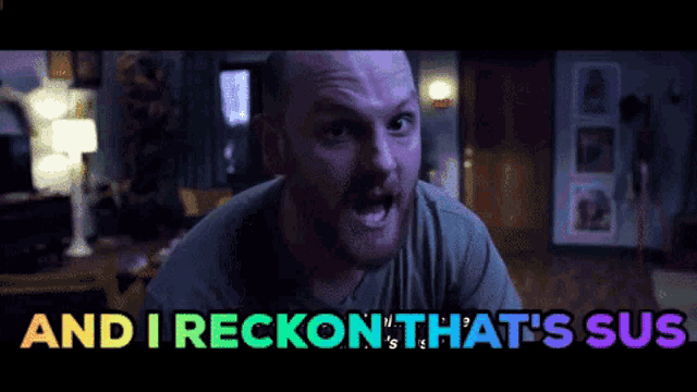 a man with a beard says " and i reckon that 's sus " in a room