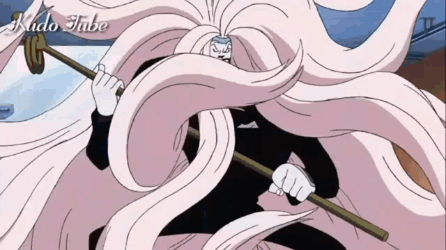 a cartoon character with long pink hair is holding a stick