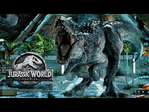 a poster for jurassic world dominion with a large dinosaur in the foreground
