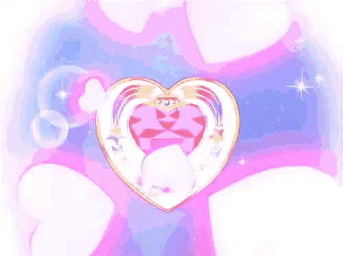 a pink heart with a rainbow on it is in a bubble surrounded by bubbles