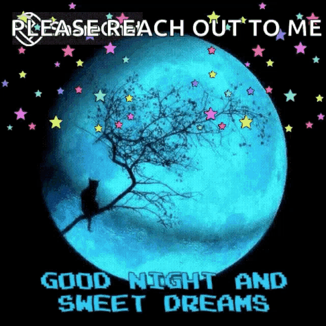 a cat sits on a tree branch in front of a full moon with the words good night and sweet dreams