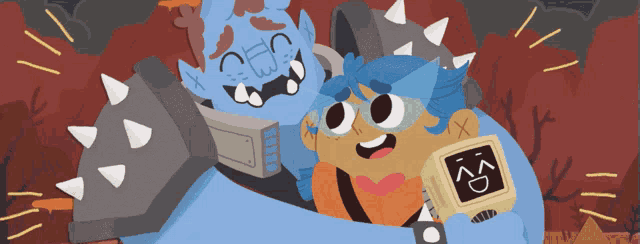 a cartoon drawing of two monsters hugging each other with one wearing a watch that says sd