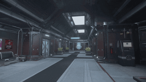 a futuristic hallway with a sign on the wall that says ' exit '