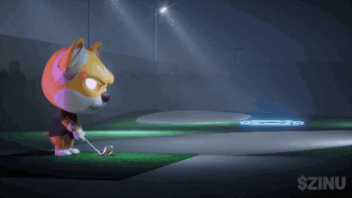 a cartoon dog is holding a golf club and the word $ zinu is on the bottom left