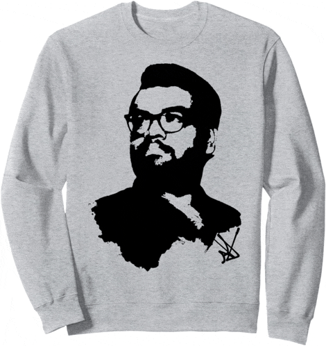 a grey sweatshirt with a man with glasses and a beard on it
