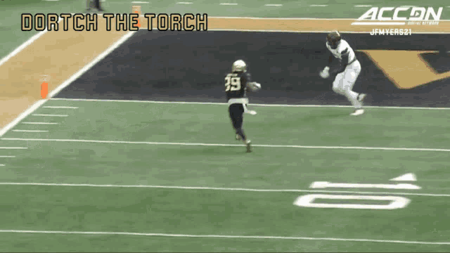 a football player with the number 39 on his jersey runs on the field
