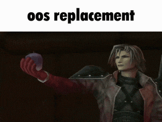 a video game character holding a purple apple with the caption oos replacement