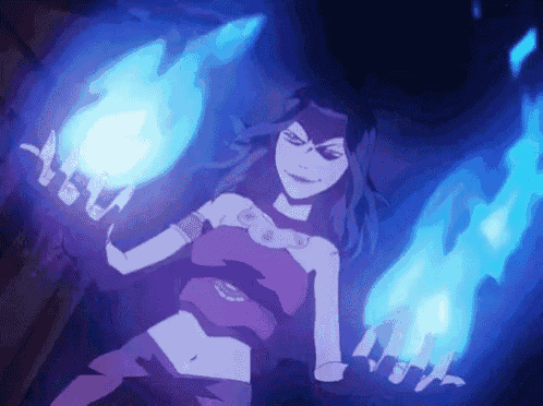 a woman in a purple dress is holding two blue fireballs in her hands .