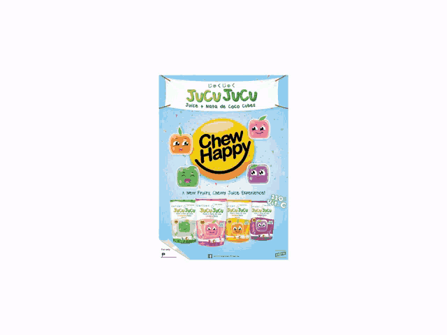a poster for chewy happy juices with cartoon faces on it