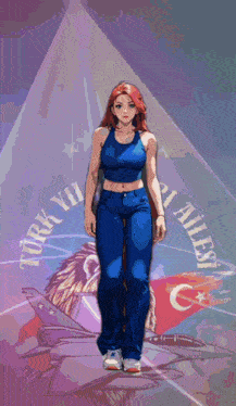 a woman stands in front of a flag that says turk vii