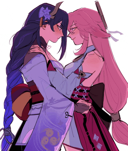 a drawing of two women looking at each other with one wearing a kimono