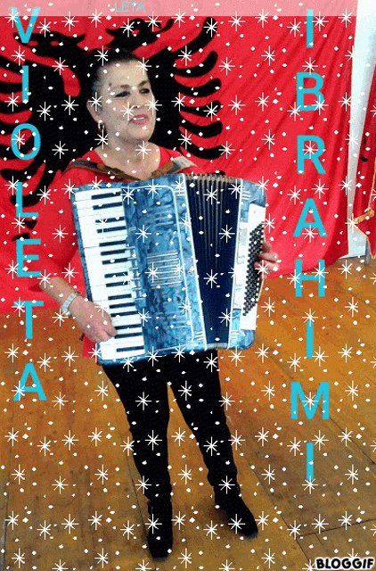 a woman is holding an accordion in front of a red flag with the letters ibrahim on it