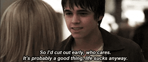 a young man is talking to a woman and says `` so i 'd cut out early , who cares .