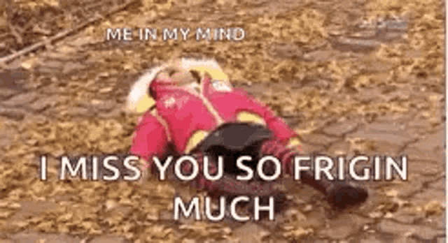 a person in a red jacket is laying on the ground with leaves around them .